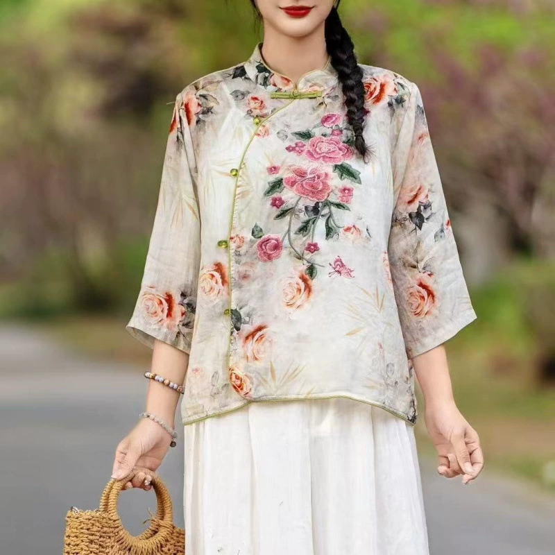 Новая китайская вышитая рубашка из рами для женщин, лето 2025, свободного кроя, с воротником-стойкой, улучшенный чайный костюм, топ