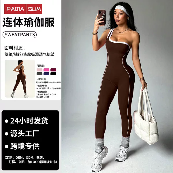 Cross-Border European and American New Style One-Shoulder Strap Color-Blocking Yoga Jumpsuit Tight-Fitting Women's Fitness Sports Jumpsuit