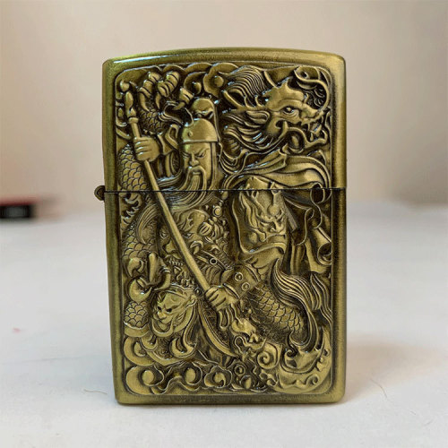 Bronze kerosene lighter Yu Yun Chang Guan Gong relief metal carving craft retro style lighter wholesale