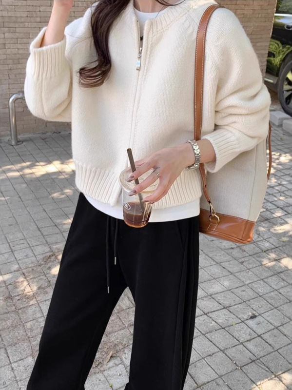 灰色短款毛衣外套女2025春装新款宽松拉链开衫长袖针织衫百搭上衣|undefined