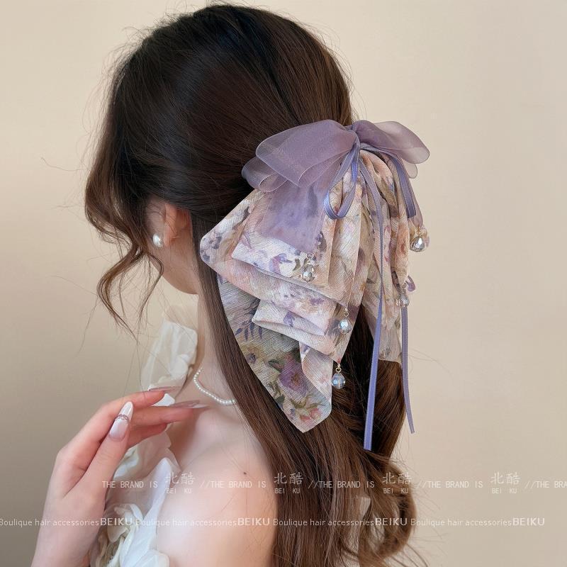 スーパーフェアリー多層花柄リボンポニーテールクリップパープルエレガントシフォンヘアクリップ多用途ファッショナブルなサメクリップ|undefined