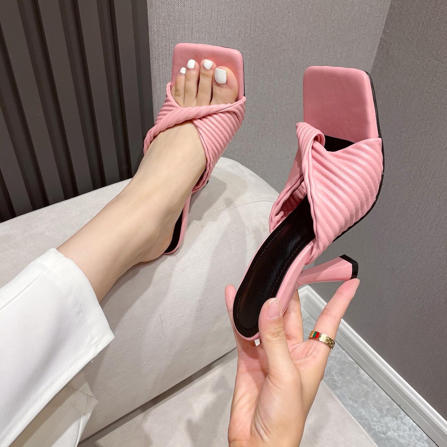 Semi-Support Square Toe Solid Color High-Heeled Slippers NSGXL117066