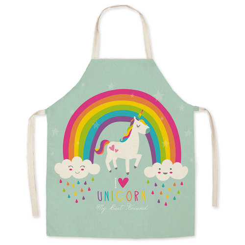 Faux Linen Art Cartoon Unicorn Apron Oil-Proof Waist Apron Parent-Child Kitchen Adult Sleeveless Neck Apron