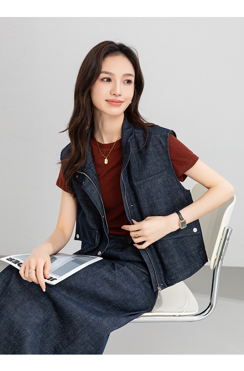 Áo vest gile denim không tay nữ kèm chân váy bút chì phối bộ — Mã màu xanh dương - AC66031 chi tiết 26