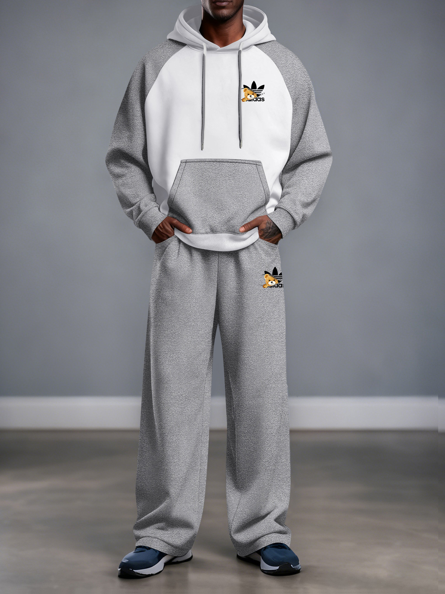 Transfronterizo primavera / otoño / invierno AD juvenil hombro mosaico con capuchón de vello suelto chaqueta rectas pantalones casuales conjunto versátil