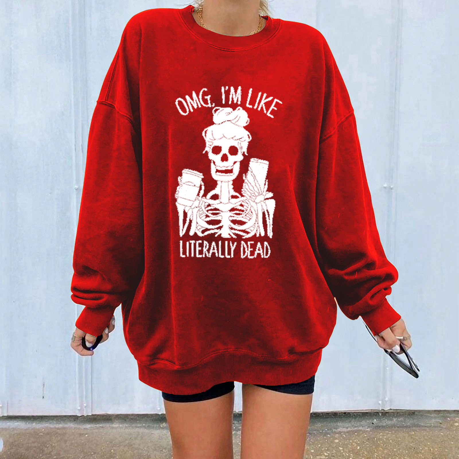 Skull Print Women's Sweatshirt Oversized Drop Shoulder Pullover_voghion.com