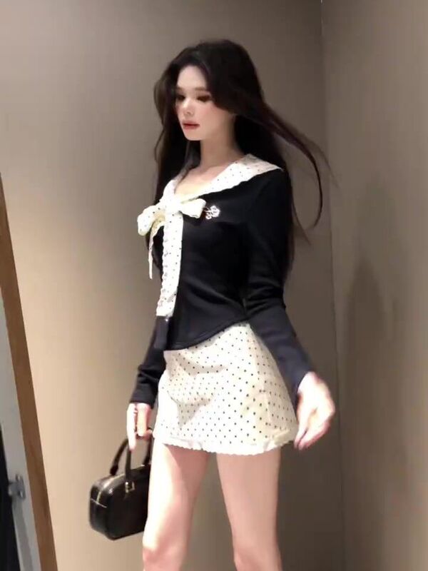 纯欲风娃娃领绑带t恤套装女秋冬高腰波点包臀半身裙修身长袖上衣|undefined