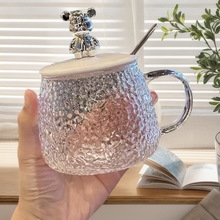 锤纹小熊马克杯耐热玻璃杯子带把手水杯带盖家用咖啡杯冷饮果茶杯