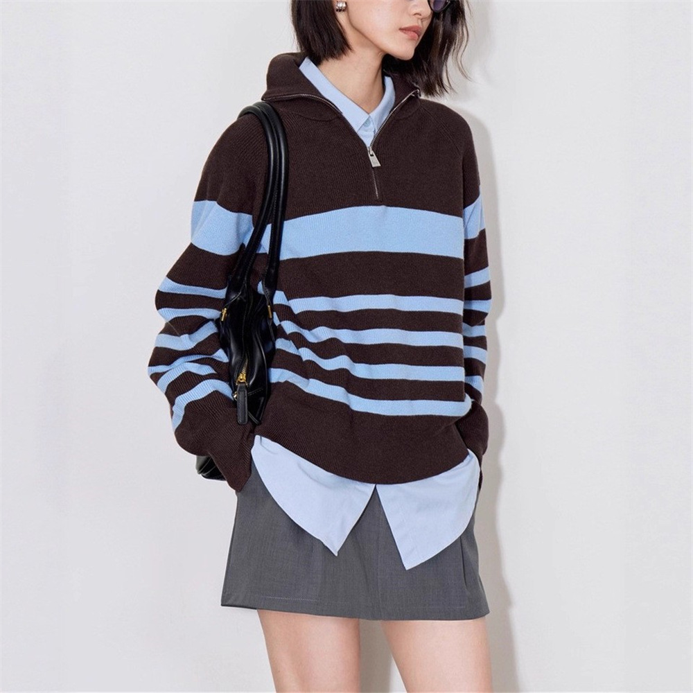 Stripes de contraste semia cremallera con solapa overhead suéter de invierno para mujeres de otoño y invierno para usar ropa de punto de reducción de edad suelta image 3