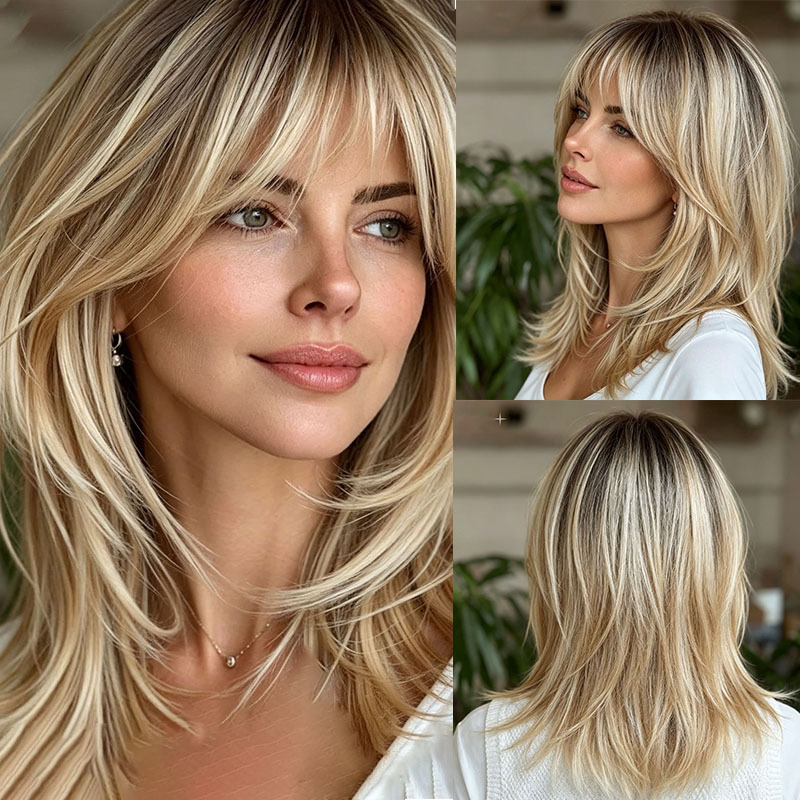 Wig with a Stylish Look for Women, Featuring a Layered Gradient Color and a Bangs Style, Made from High-Temperature Fiber, Full Head Wig Wig with a Stylish Look for Women, Featuring a Layered Gradient Color and a Bangs Style, Made from High-Temperature Fiber, Full Head Wig