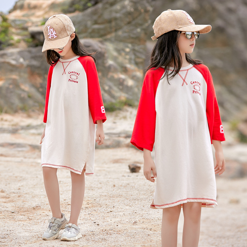 2024 primavera y verano ropa para niños nuevos vestido de camiseta casual para niñas 3/4 manga vestido de estilo coreano niños mayores padre-hijo