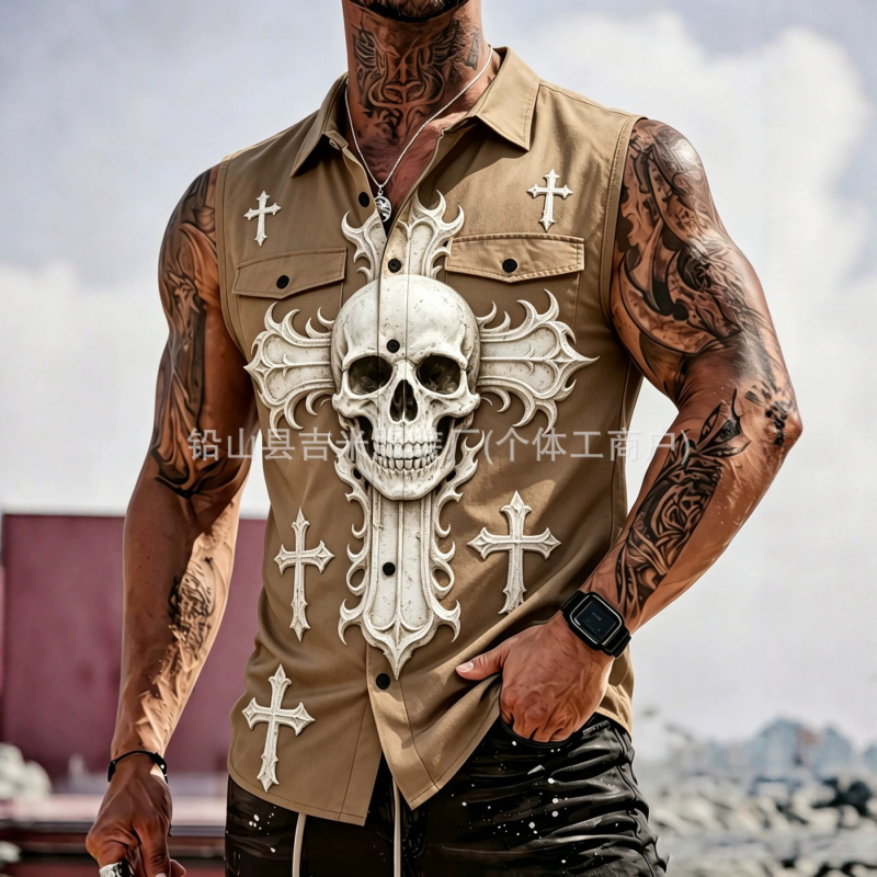 Factory Direct Supply 2026 New European and American Style Cross Print Summer Men's Sleeveless Shirt with Pockets Factory Direct Supply 2026 New European and American Style Cross Print Summer Men's Sleeveless Shirt with Pockets