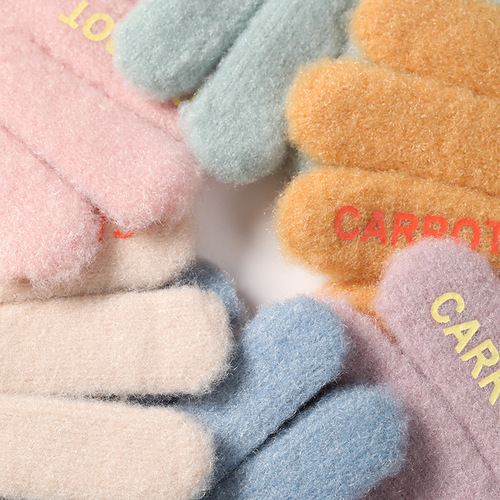 New knitted warm children's woolen gloves with flip-up half-finger full velvet and thickened elementary school students' cute cartoon gloves