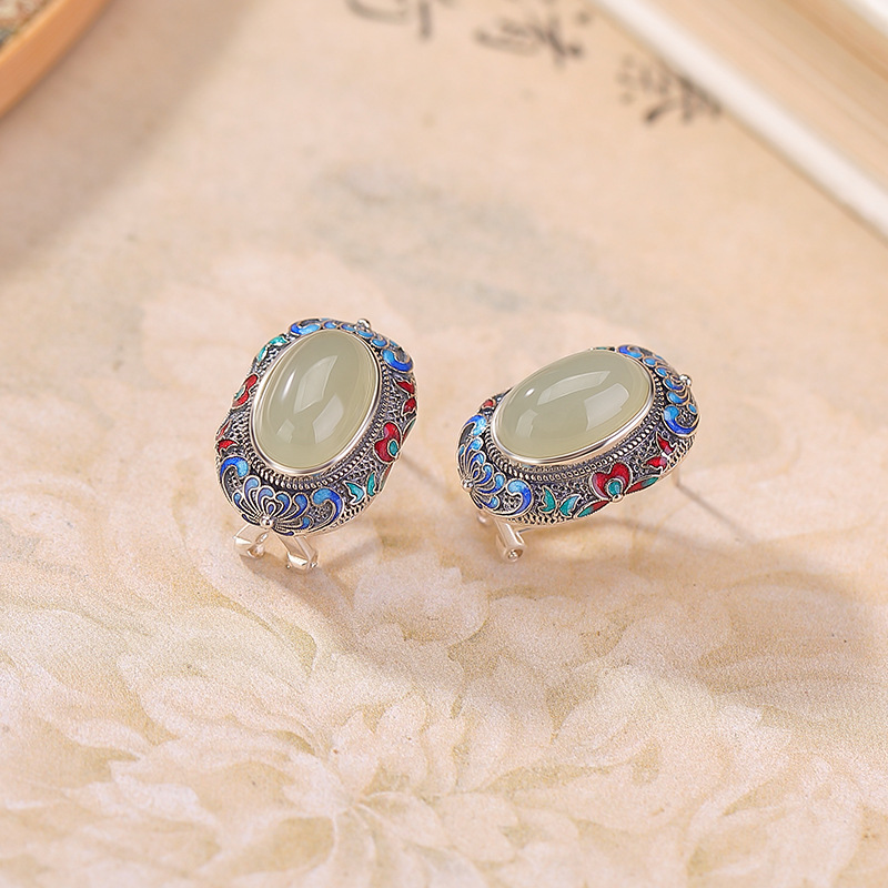 Khuyên tai bạc S925 đính đá ngọc tình thủy hình hoa sen phong cách vintage — Cặp đôi