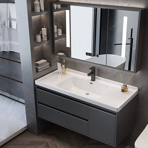 Nano-rock integrated solid wood bathroom cabinet bathroom hand wash basin cabinet combination wash table smart mirror rock plate