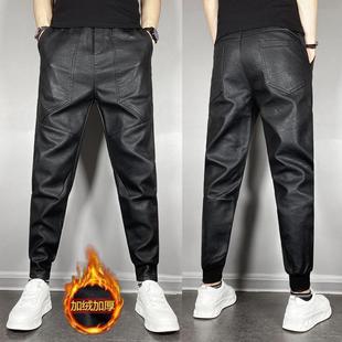 fleece-lined Thickened Trendy Brand Men's PU Leather Pants Waterproof Windproof Youth Leg Pants Casual All-match Leg Pants Winter