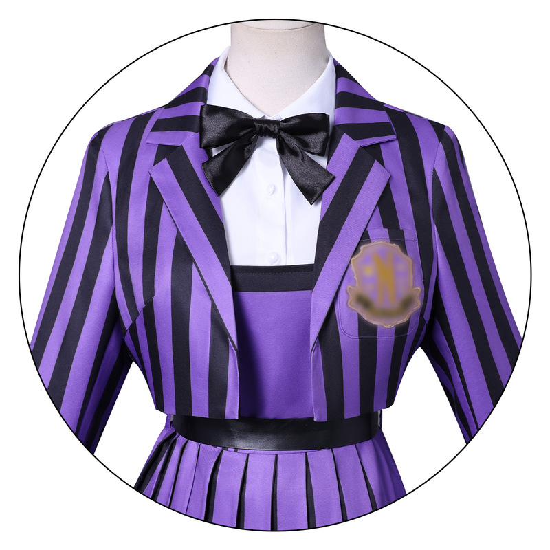跨境万圣节星期三-紫色女款条纹校服cosplay服装二次元表演亚当斯|undefined