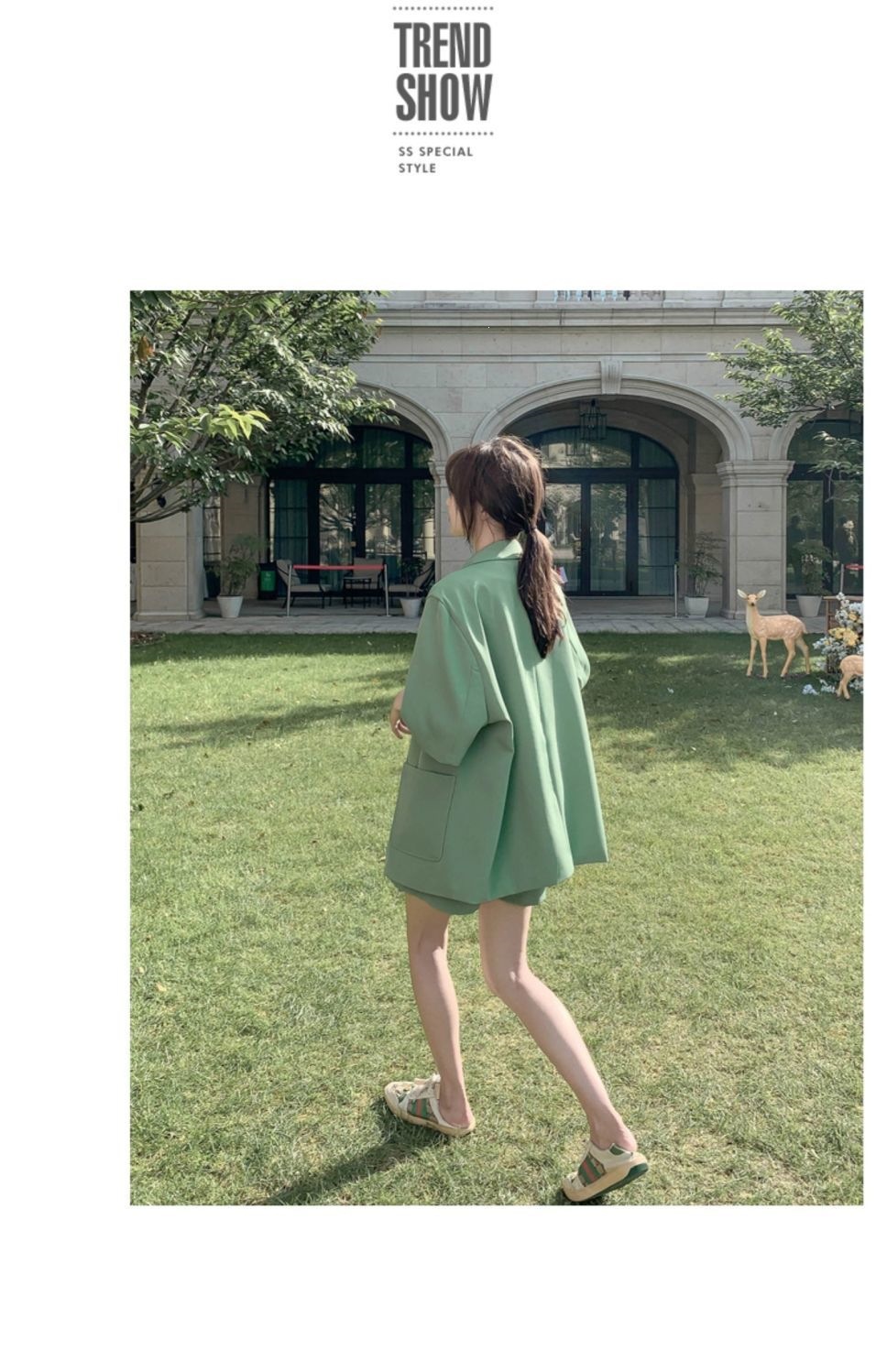 Bộ blazer nữ tay ngắn kèm quần short Hàn Quốc mỏng nhẹ mùa hè — Màu đen [Vải], Cỏ xanh [Vải], Gạo trắng [Vải], Màu hồng [Vải] chi tiết 10