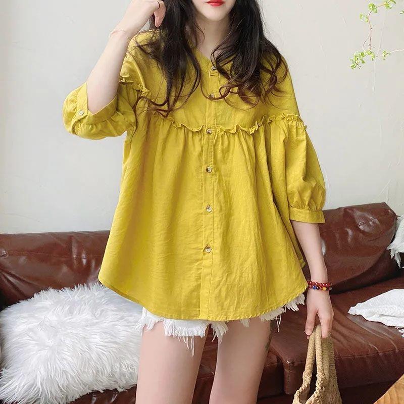Doll Shirt Top Summer Korean Style Loose Puffy Vertical Collar Fungus Lace Sweet Lantern Sleeve Hip Sleeve Shirt for Women