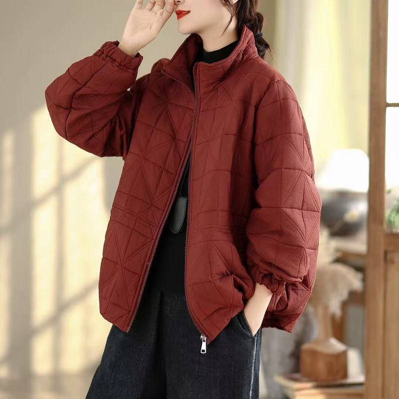 夹棉压格棉衣 2025秋冬季新款 时尚纯色立领宽松棉服外套女61076|undefined