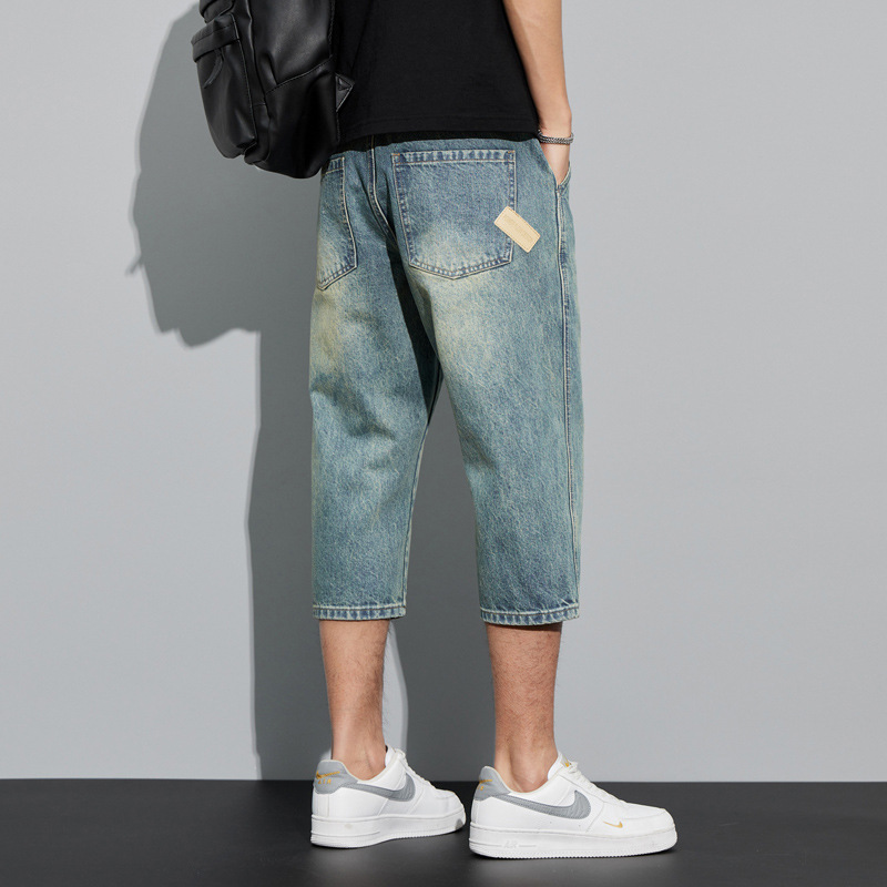 American style workwear cropped jeans men's summer thin loose straight breeches nostalgic retro cropped pants
