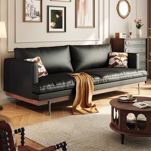 French-Style Vintage Solid Wood Sofa with Oil Wax Finish for Living Room, Mid-Century Modern Straight Black Villa Light Luxury Simple Large Sofa