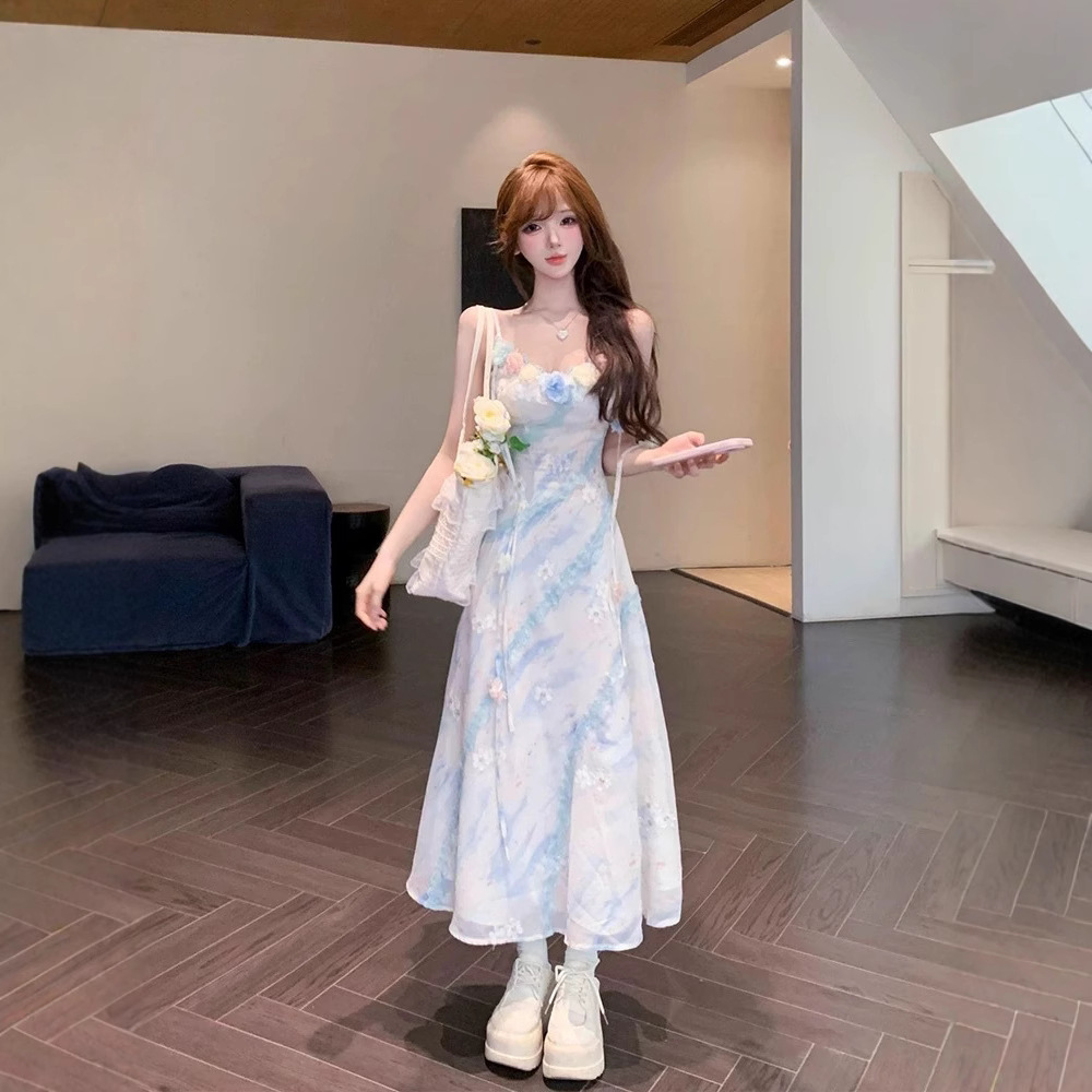 Daughter of the Sea, Holiday Style Design, Stereo Flower Niche Elegant, Sweet Waist-Cinching Floral Seaside Dress