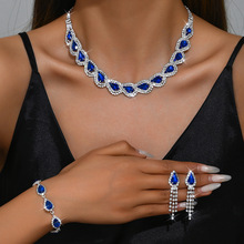 欧美风高级感奢华超闪满钻水滴几何项链耳环手链套装时尚重工首饰