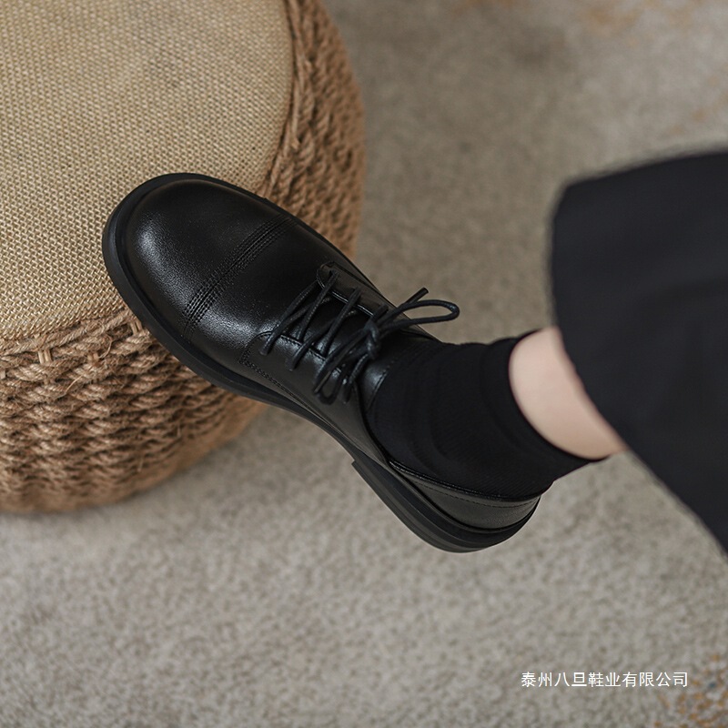 Soft Cowhide Loafers for Women 2025 Spring and Autum New Black Versatile Flats Flats Lace-Up British Style Small Leather Shoes