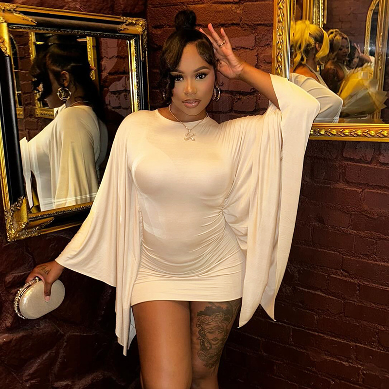 C25Ds318 European and American Women's Autum New Pure Color Casual Slim Fit Hip Bat Version Long-Sleeved Round Neck Dress