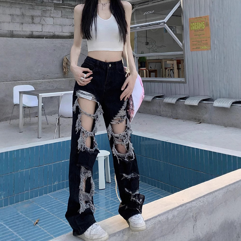 Black High Street Spice Girl Fried Street Beggar Ripped Jeans Women's Summer High Waist Slimming Loose Wide Leg Straight Pants