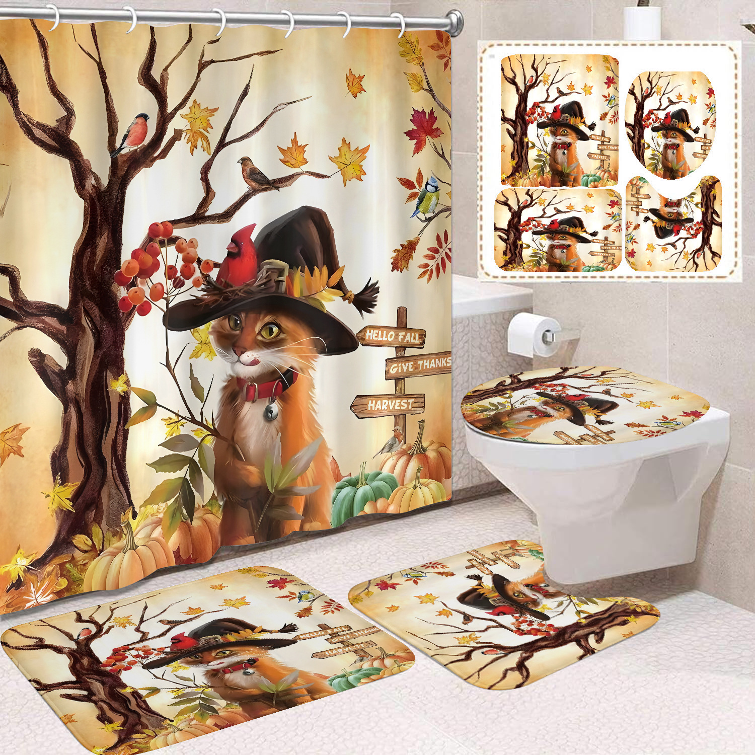Cortina de ducha de Acción de Gracias, cosecha de otoño, serie de calabaza, cortina de ducha, cortina de baño, cortina de baño impermeable de poliéster, cortina de baño de cuatro piezas image 41