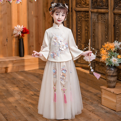 Chinese traditional champagne Hanfu for girl chinese ancient folk costume oriental qipao fairy dresses  two-piece cheongsam Tang suit for girls