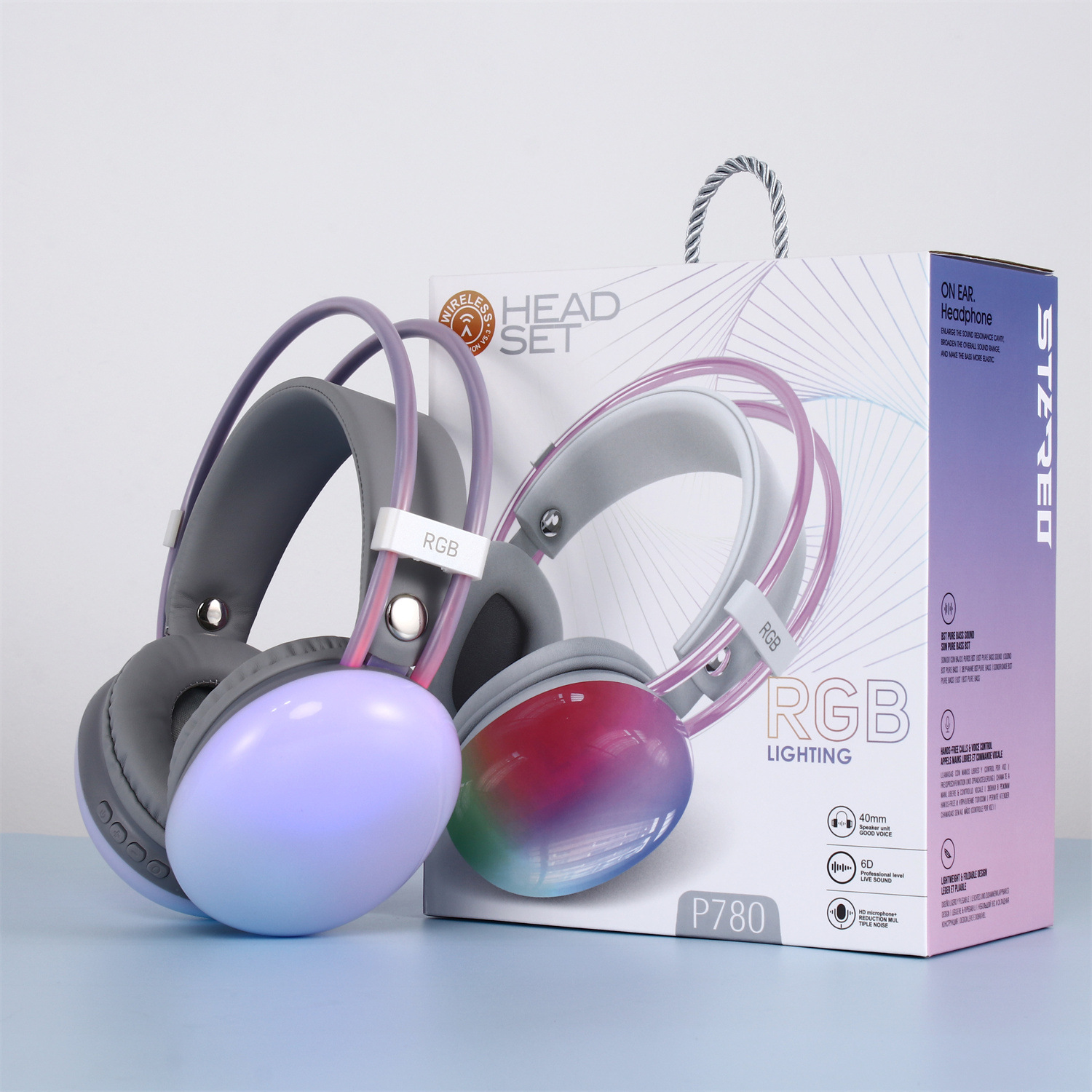 Nuevo auricular Bluetooth montado en la cabeza transfronterizo, auricular inalámbrico RGB luminoso de graves pesados, duración de la batería ultralarga y reducción de ruido