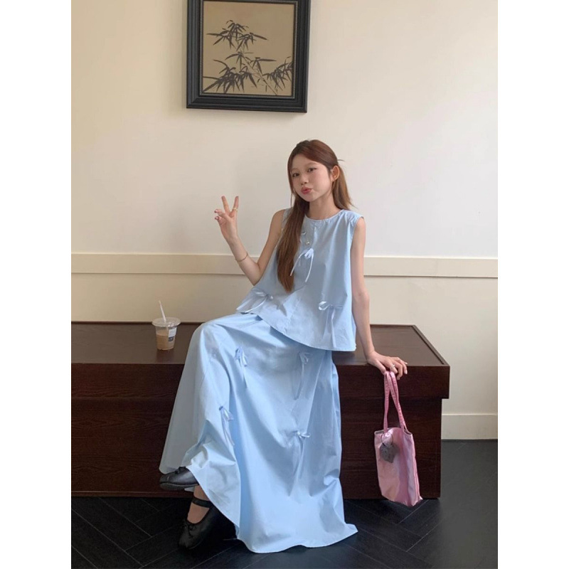 法式小个子穿搭一整套夏季感气质无袖上衣半身长裙时尚两件套|undefined