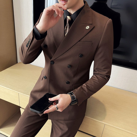 Little Red Book high quality Men's Suit suit New Wool Blend Double-breasted Suit Three-piece Groom Suit