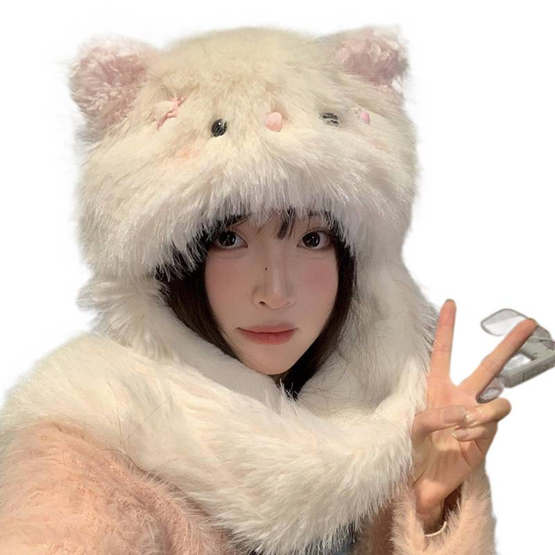 겨울 여성 고양이 귀 털모자 목도리 일체형 방한 방풍 보온 모자