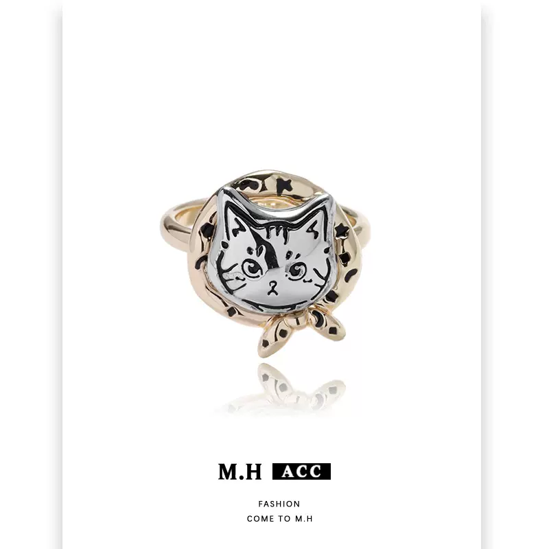 可爱包裹小猫戒指女小众设计精致高级感涂鸦猫咪气质食指戒指环
