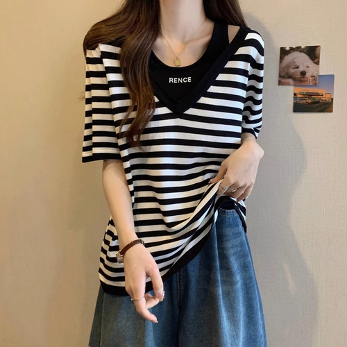 Summer women's clothing extra-large size 300kg fat mm design stripe short-sleeved T-shirt women's trend