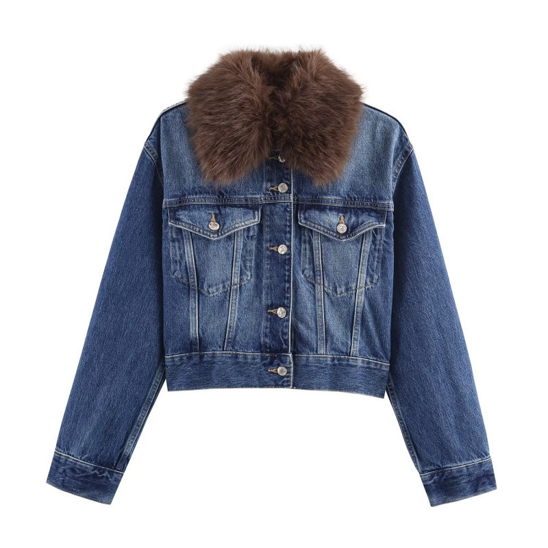 Cross-Border European and American Clothing Aliexpress Ins Popular Fur Collar Flip-Up Artificial Fur Effect Denim Jacket