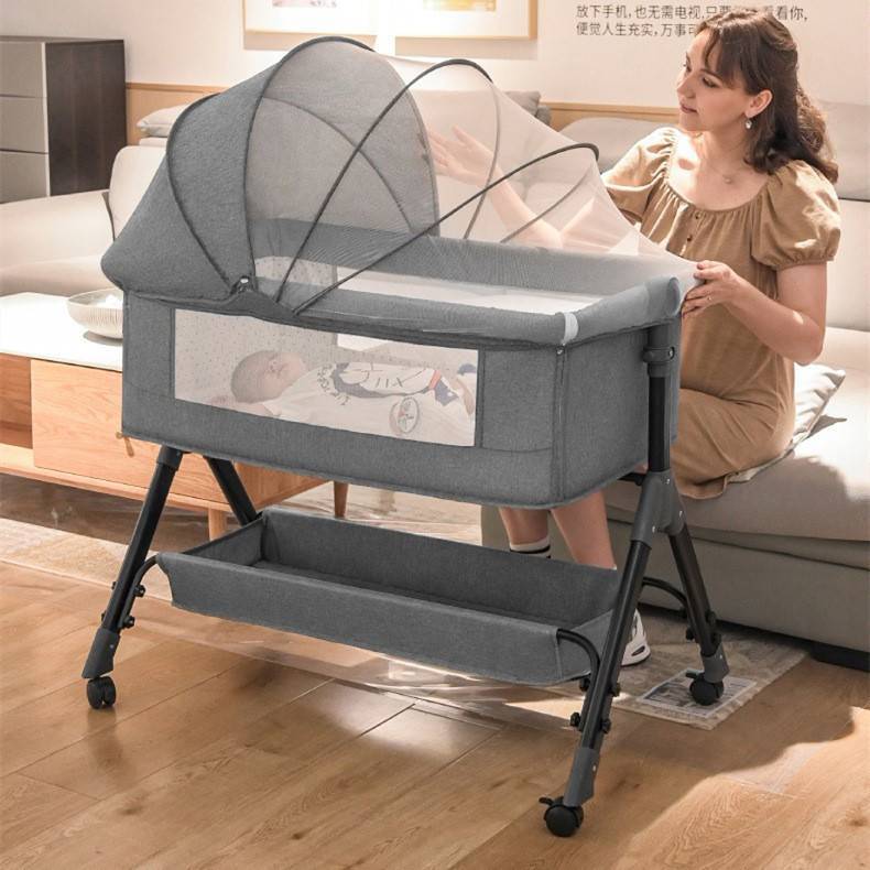 Foldable children's cradle bed small bed mobile multi-functional sleeping basket baby lathe dual-purpose cart splicing bed