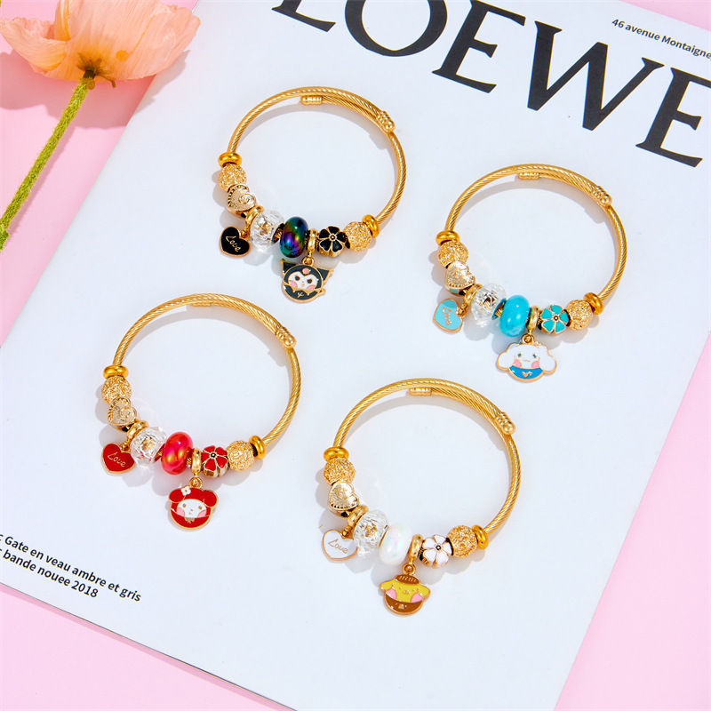 Panjia Stainless Steel Golden Bracelet Women's Fashion Cartoon Kulomi Yugui Dog Love Strip Beaded Bracelet Jewelry Panjia Stainless Steel Golden Bracelet Women's Fashion Cartoon Kulomi Yugui Dog Love Strip Beaded Bracelet Jewelry