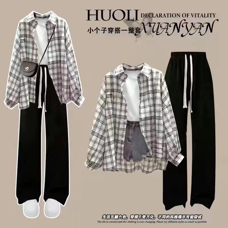 夏の女子学生韓国風ルーズ長袖チェック柄日焼け止め服シャツ+半袖Tシャツ+|undefined