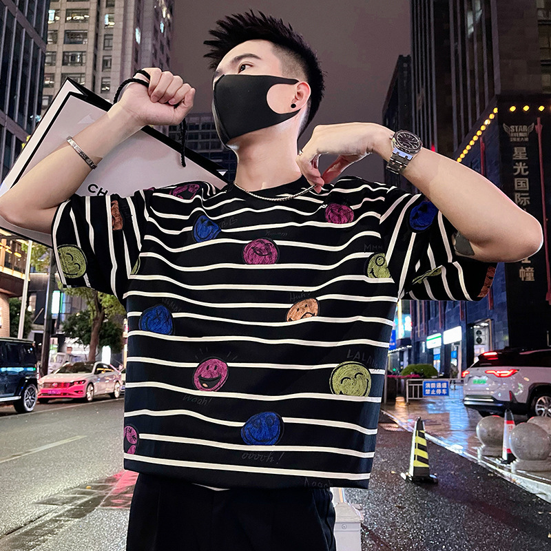 American Wave Stripesd Print Smiling Face Boyish Short-Sleeved T-Shirt Social Boy