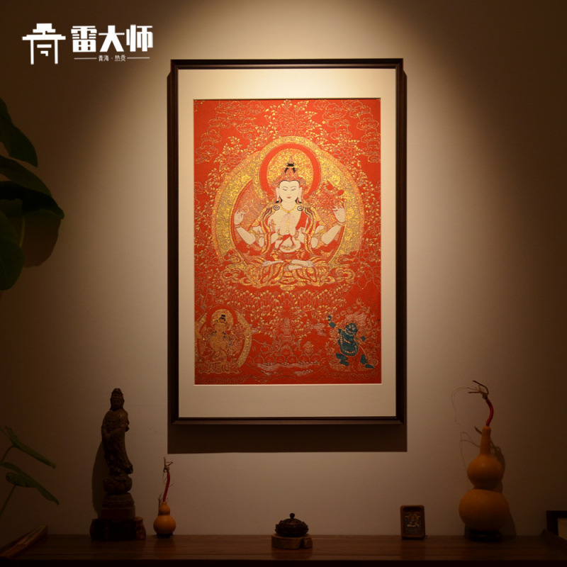 刺绣四臂观音唐装饰画卡茶室玄关客厅背景墙挂画沙发餐厅实木装裱