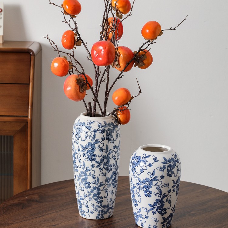 New Chinese style high-end sense blue and white porcelain retro vase ceramic creative flower holder living room entrance decor ornament