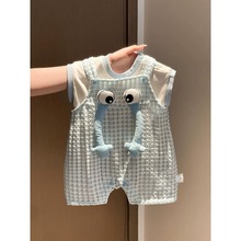 婴儿夏季男宝宝衣服超萌上衣格子背带裤婴幼儿可爱浅蓝色正规尺码