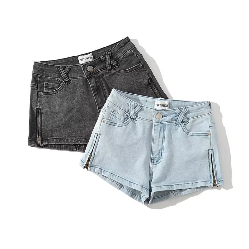 Summer New Spice Girl Style Ultra Short Solid Color Jeans Side Zipper Split Short Hot Pants Long Leg Low Waist Pants
