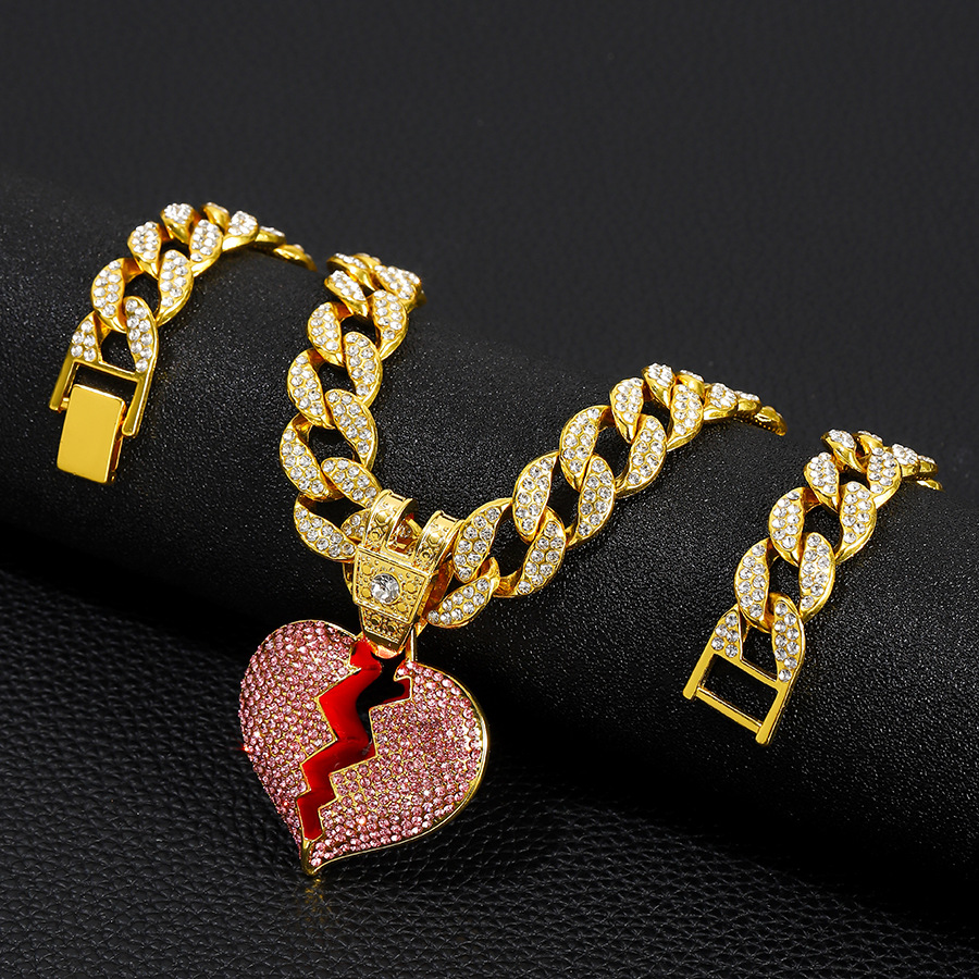 Diamond Broken Heart Necklace With Pink Crystals For Unisex_voghion.com