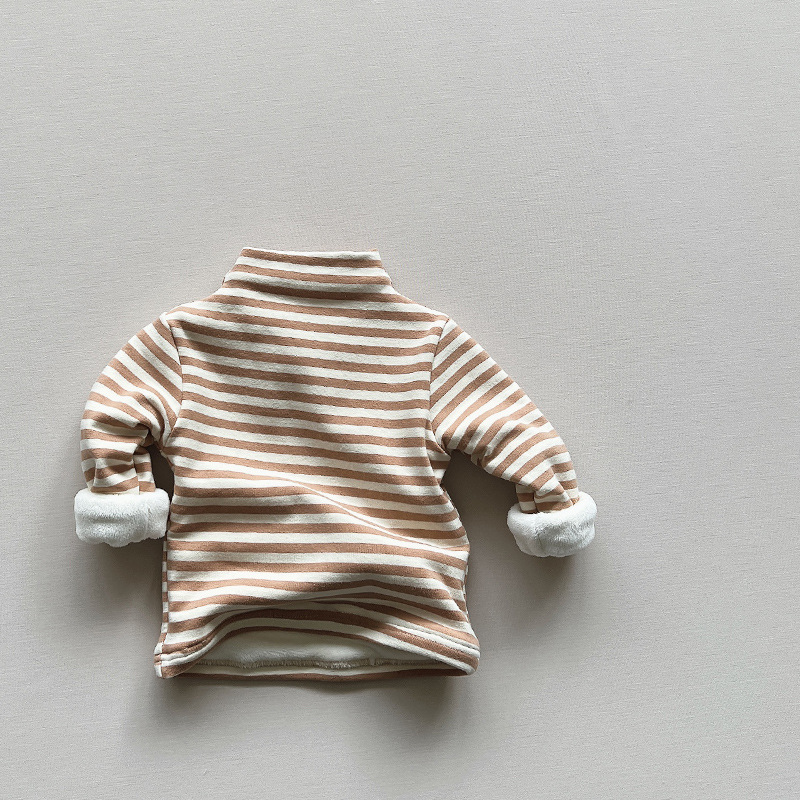 Camiseta térmica infantil de invierno con forro polar a rayas para niños pequeños y niños, nuevo estilo otoño-invierno 2025, top cálido y grueso para niños y niñas, a la moda.